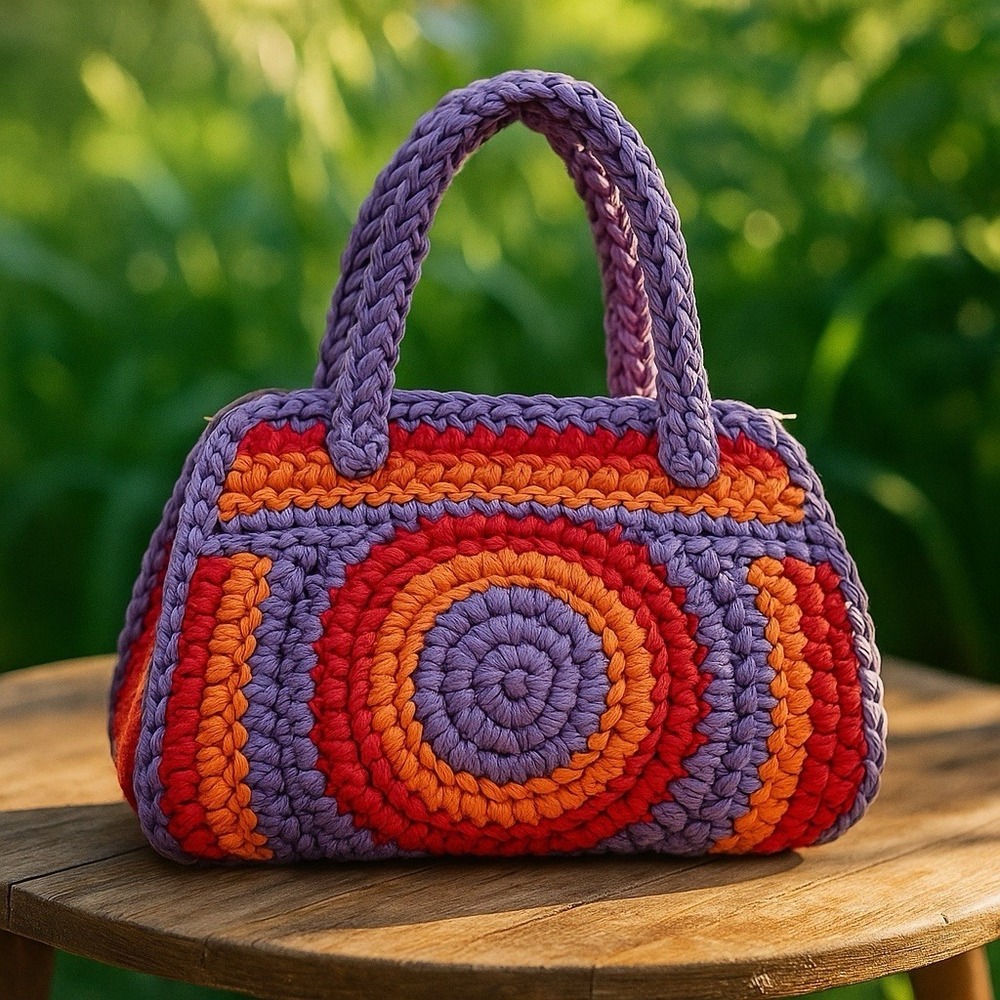 Gimbels Made in Italy Crochet Raffia Handbag Purple Orange Red Boho Retro
